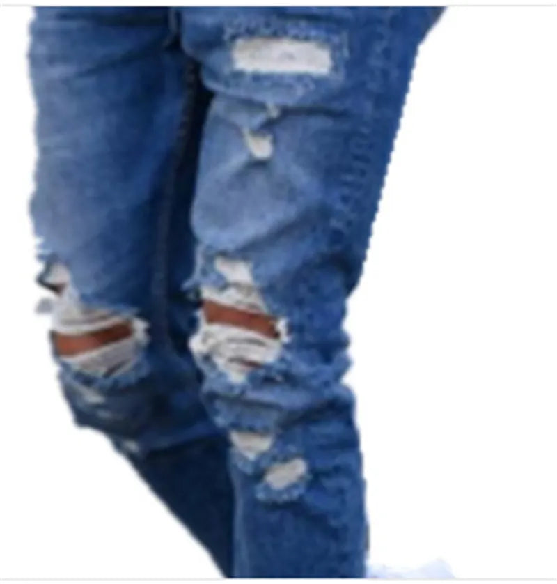 Men's deep blue cotton jeans showing the five-pocket design on a neutral background.