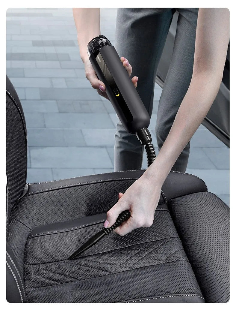 BASEUS handheld car vacuum cleaner in black, white, or green with blowing hose and HEPA filter