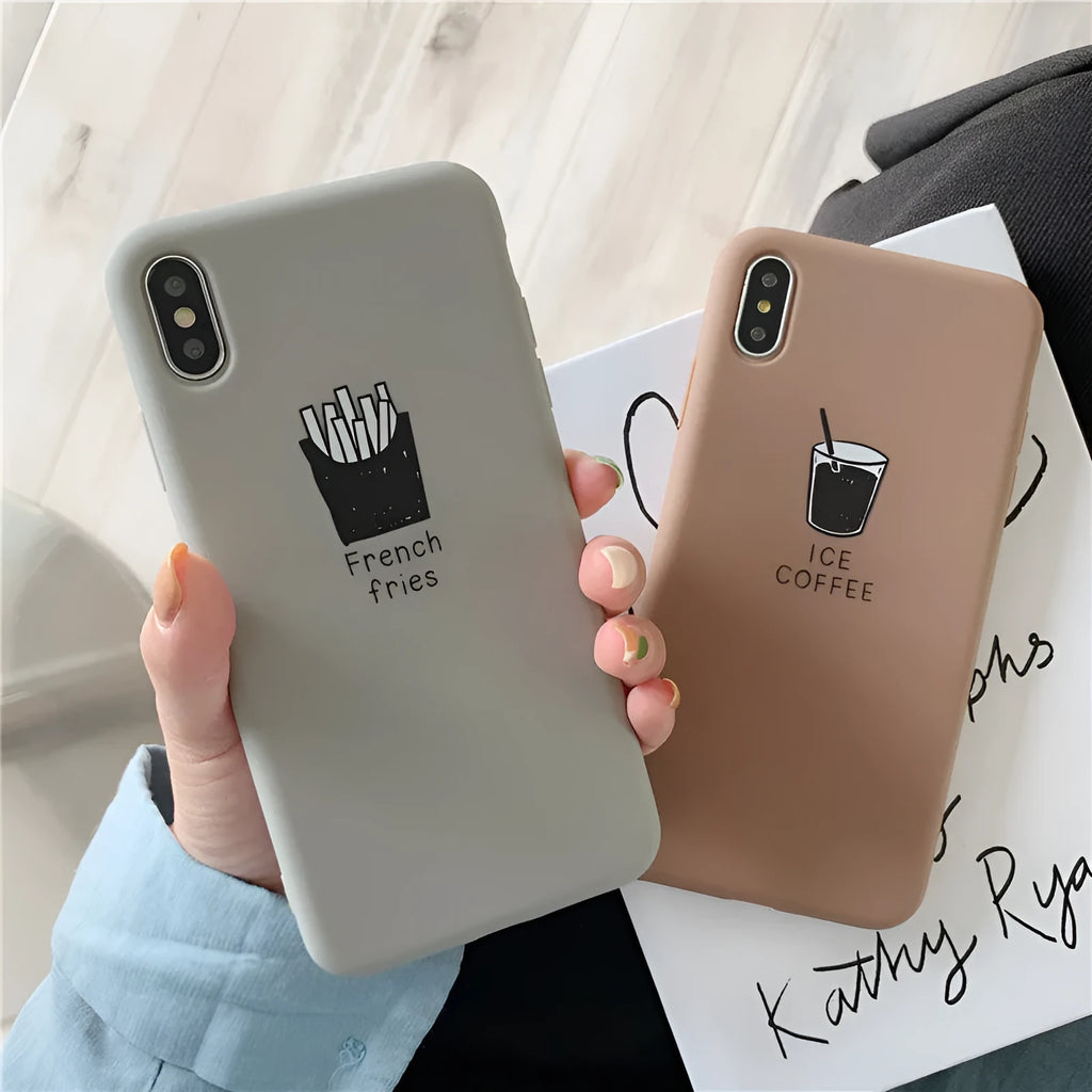 Soft matte silicone iPhone case with cute coffee or fries design pattern