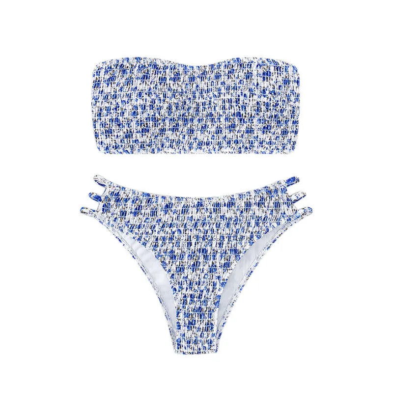 Women's strapless floral swimsuit with beauty back design and high waist briefs