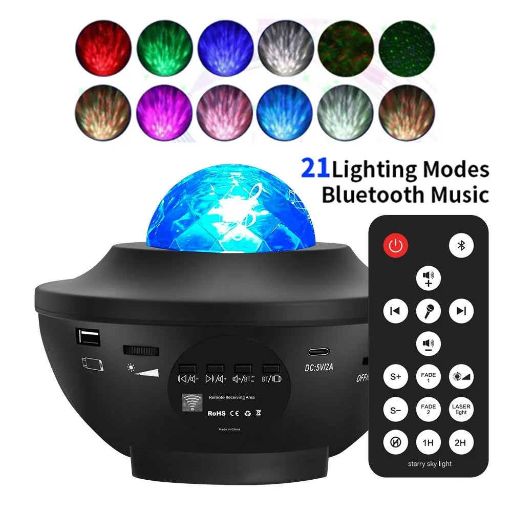 Small black starry sky projection lamp on desktop with rotating water ripple laser effects and remote control