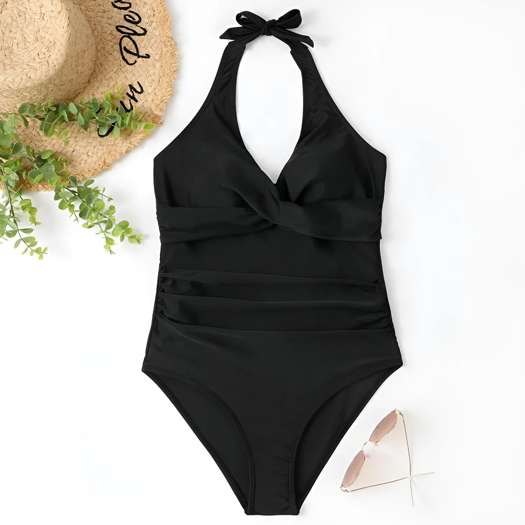 Women's cross front one-piece swimsuit in polyester fabric showing colour options