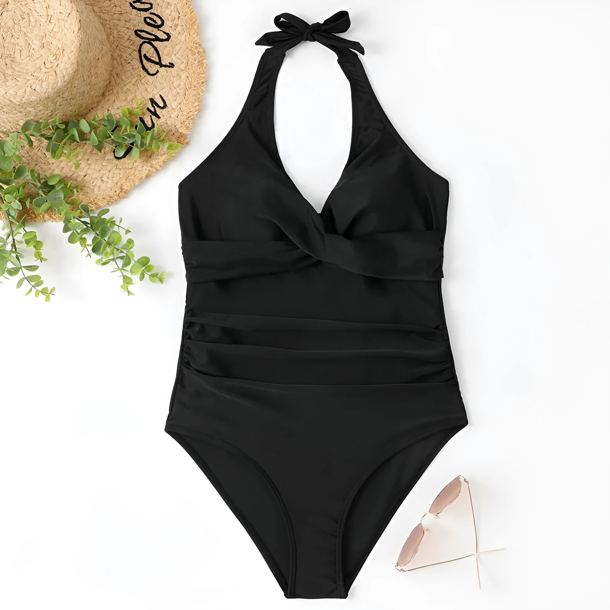 Women's cross front one-piece swimsuit in polyester fabric showing colour options