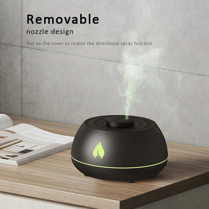 Black USB flame effect aromatherapy humidifier diffuser with LED lights and directional mist nozzle