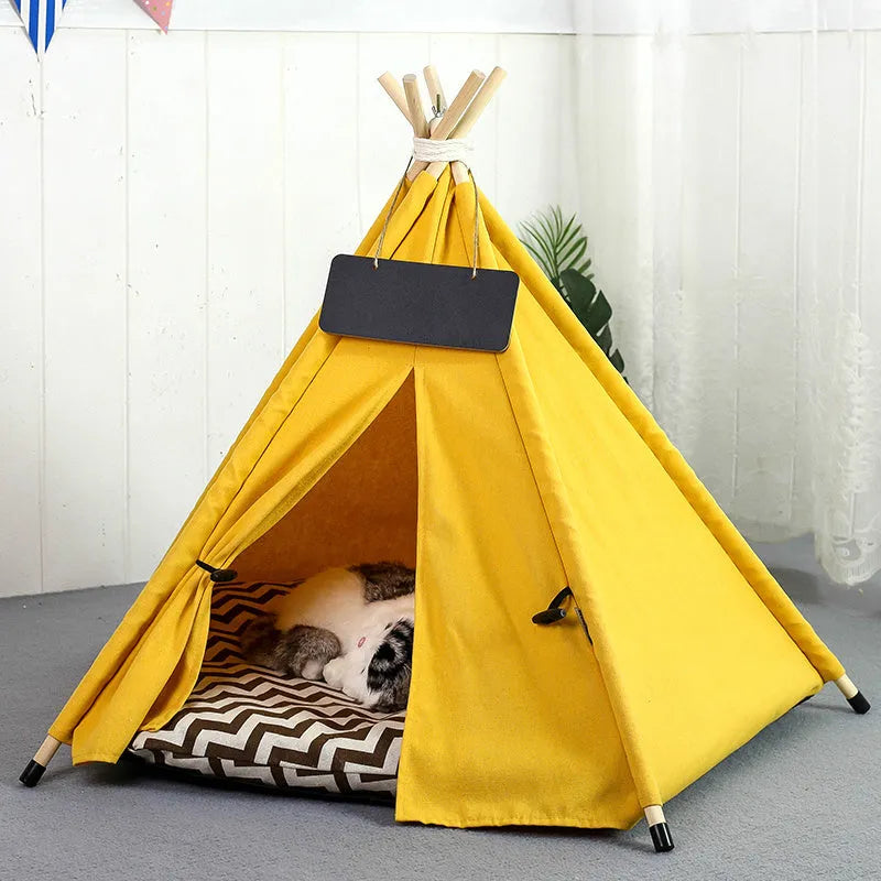 White striped pet teepee tent with removable cushion for small dogs and cats indoors