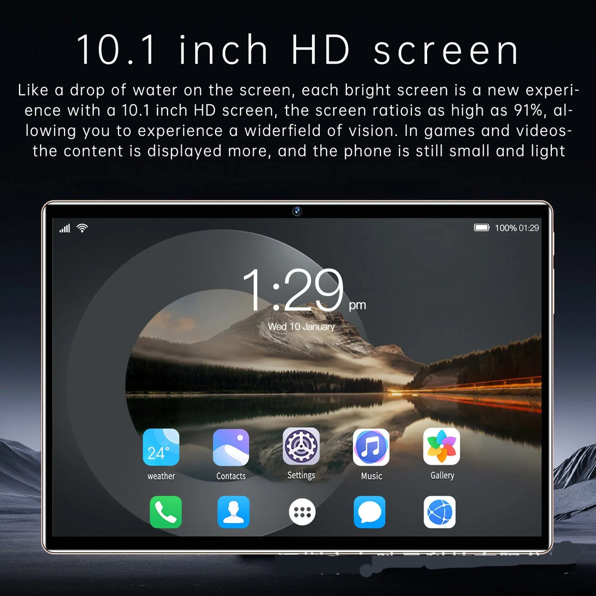 10.1 inch smart tablet in gold, blue, or grey with voice call HD and 9 hour battery