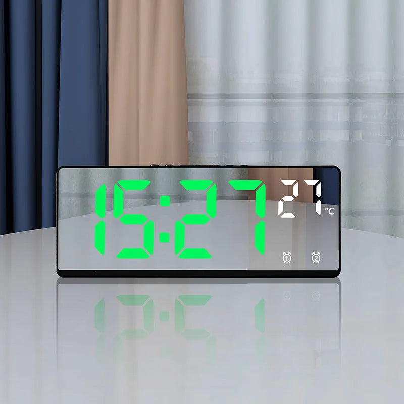 Creative multi-functional electronic alarm clock with large LED screen showing time and temperature.