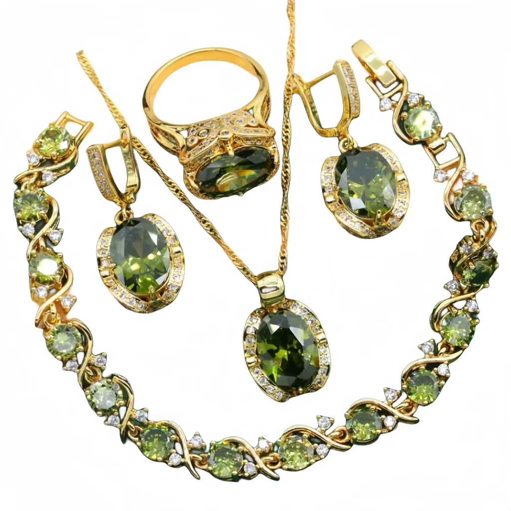 Full rhinestone zircon women's jewellery suit with copper inlay, snake bones chain, in olive green or red colours