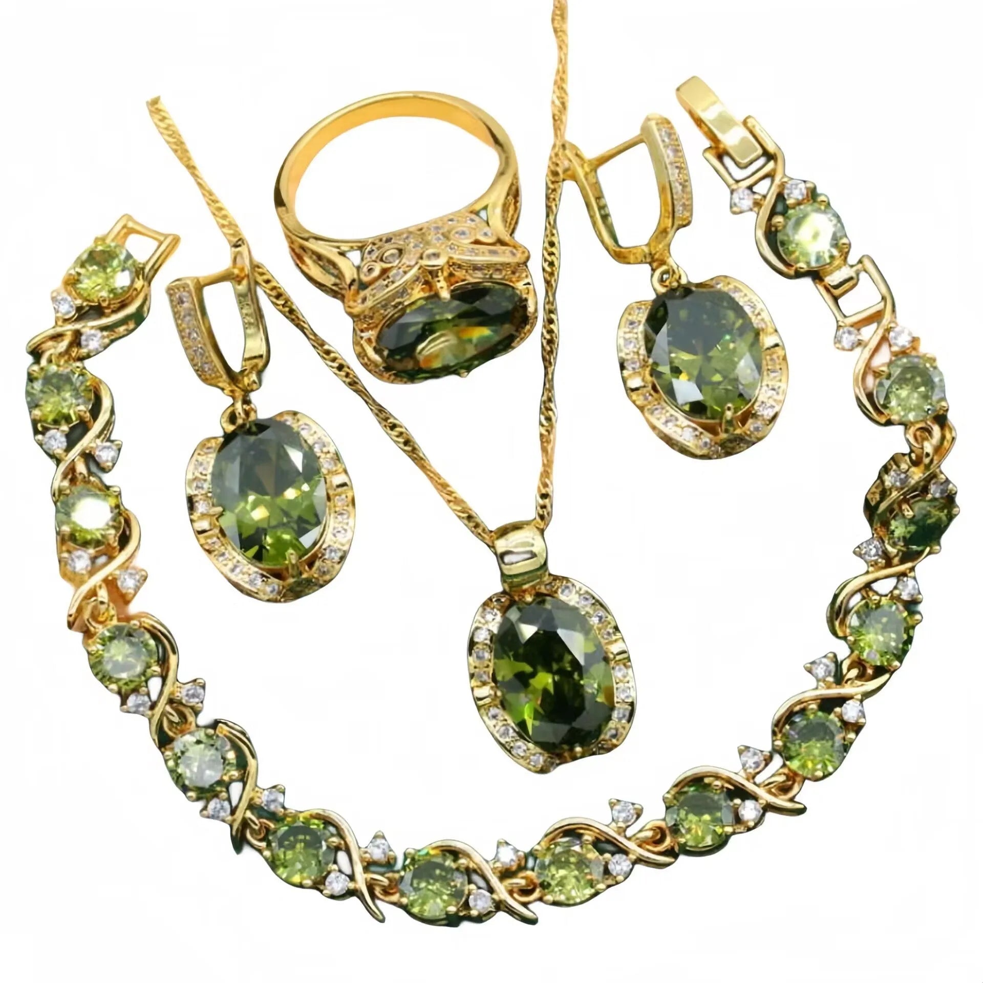 Full rhinestone zircon women's jewellery suit with copper inlay, snake bones chain, in olive green or red colours