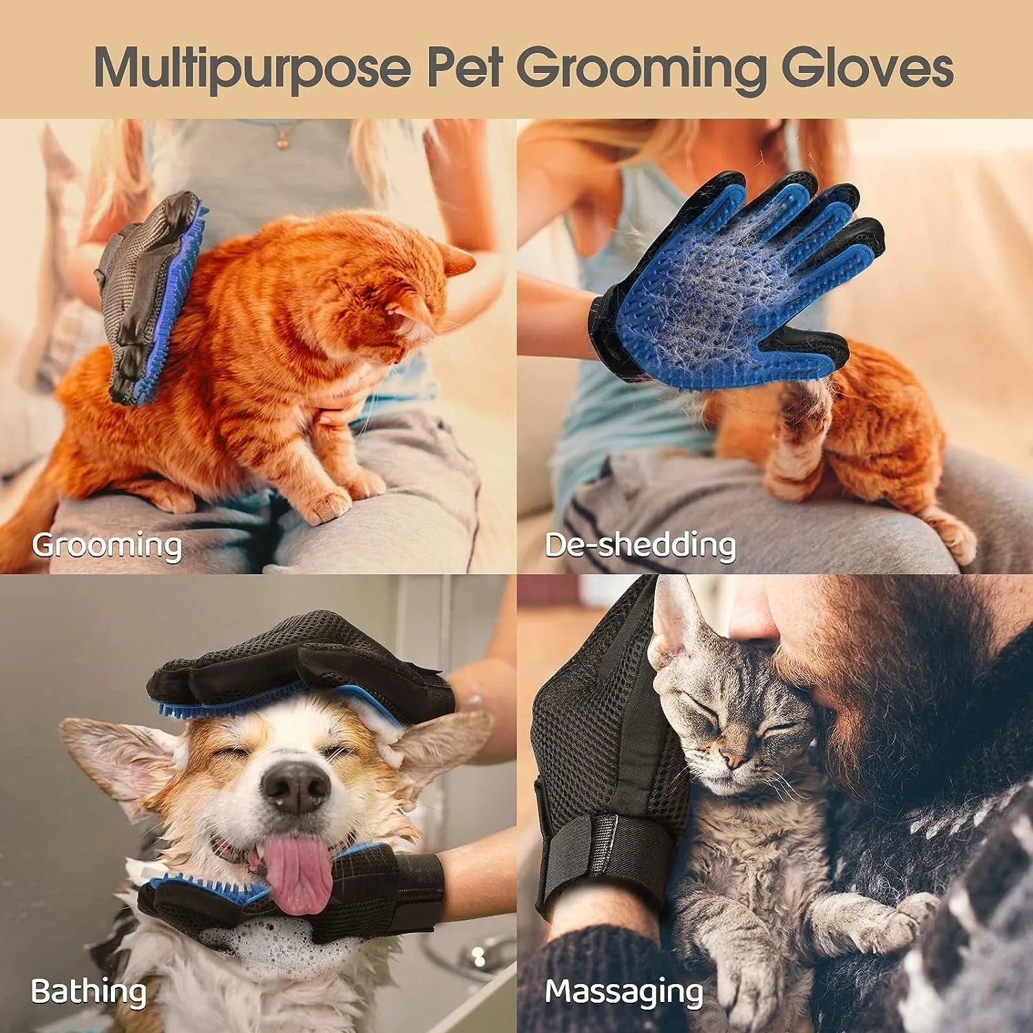 Blue pet grooming gloves with silicone tips for gentle shedding removal on dogs and cats