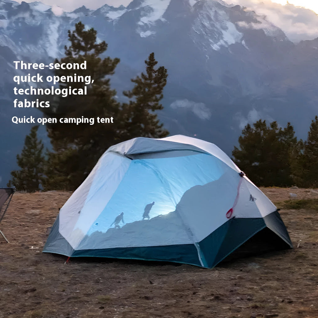 Blue and white two-person camping tent with rainfly, FRP poles, and 200x190x121cm expanded size