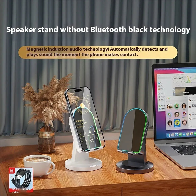 Three-in-one wireless induction speaker and Bluetooth phone bracket in black or white, common or mirror style, with built-in battery and USB cable.