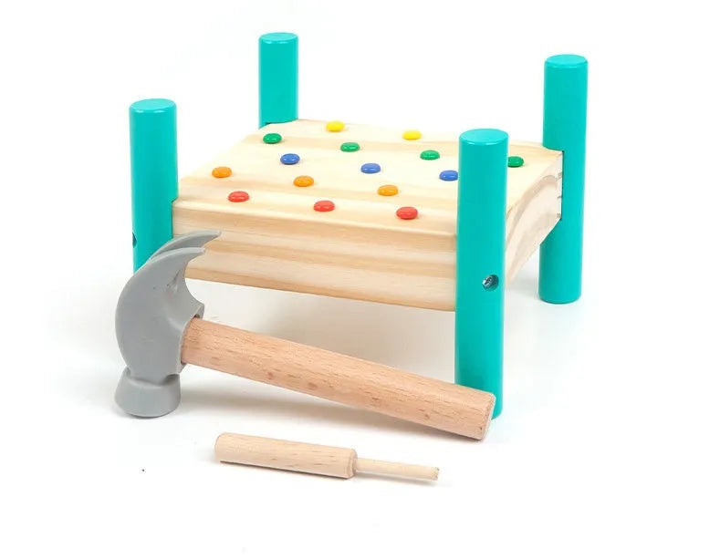 Wooden hammering nail toy with 17 coloured nails, hammer, reverse knock and nail plate, 19 x 13.5 x 16 cm