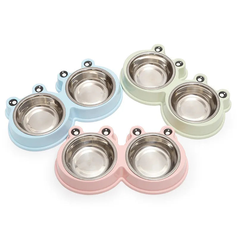 Stainless steel pet feeding bowl with two sections for food and water, in blue colour, measuring 30cm long
