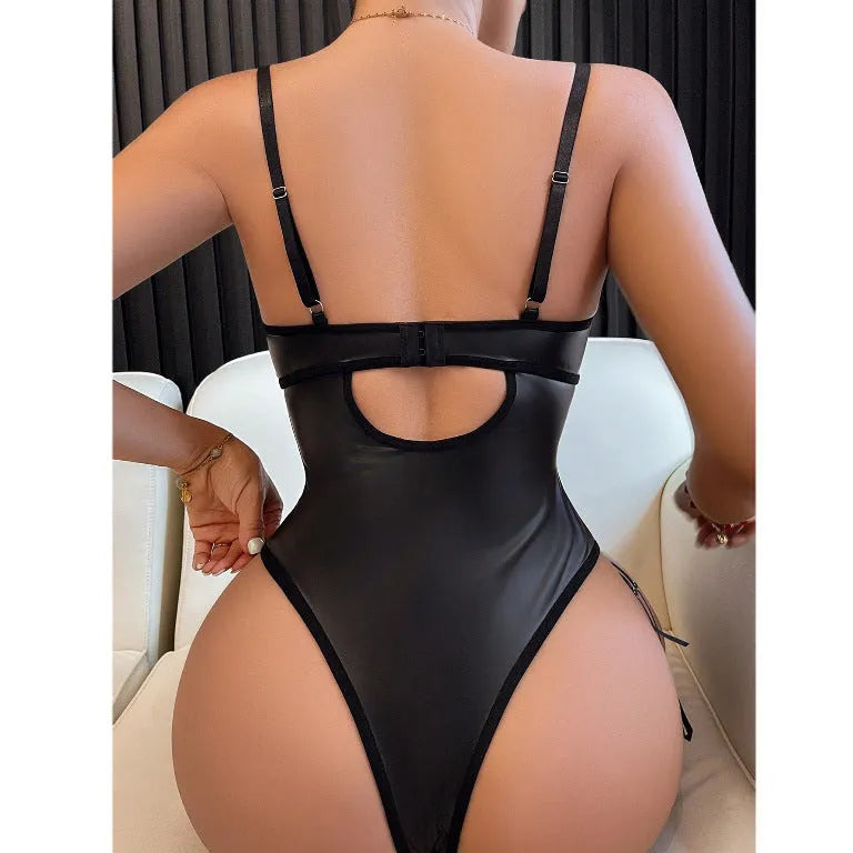 Women's black one-piece lingerie jumpsuit with push-up design and coordinating straps.