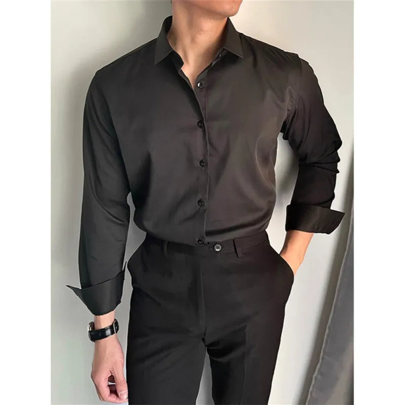 Men's slim fit Korean-style cardigan shirt in solid colour, available in dark grey, black, or white.