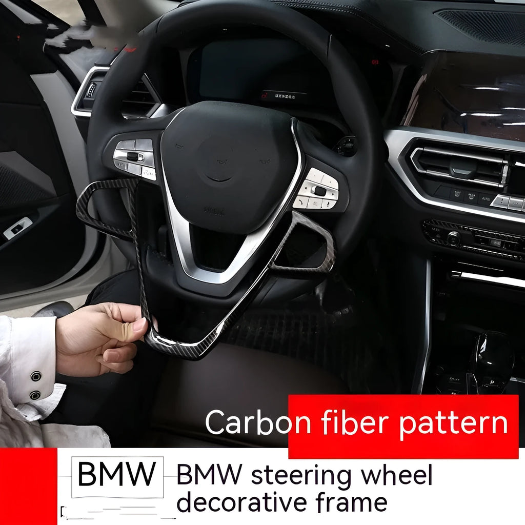 BMW steering wheel with carbon fibre pattern buttons frame decoration installed
