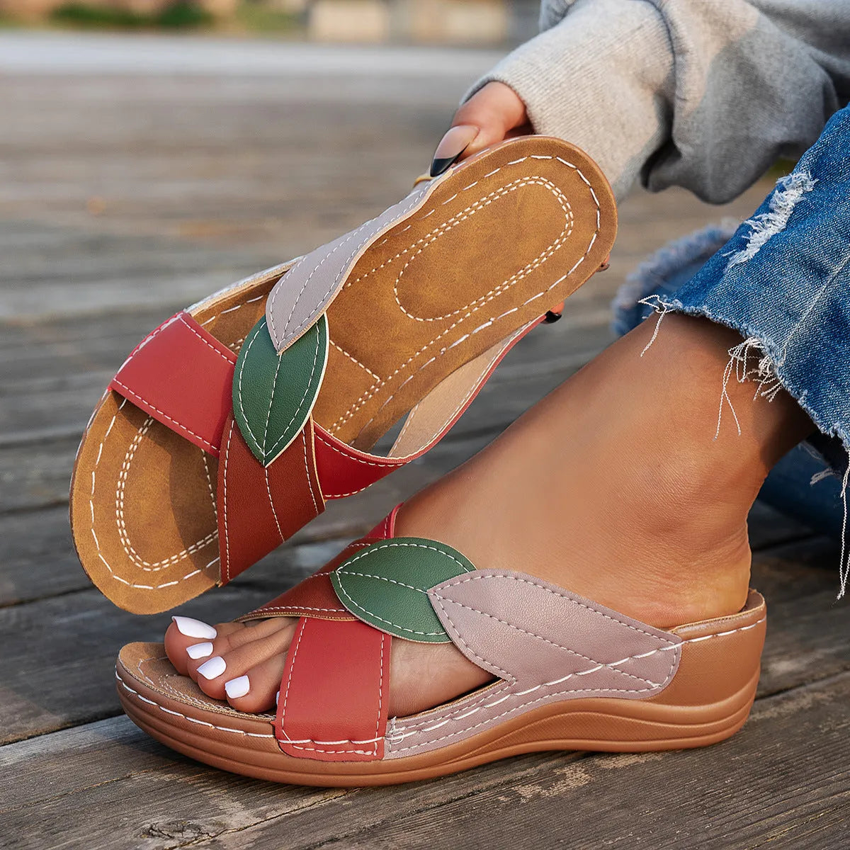 Women's casual slippers with thick soles, cross-strap design, and peep-toe in black, red, and white colours