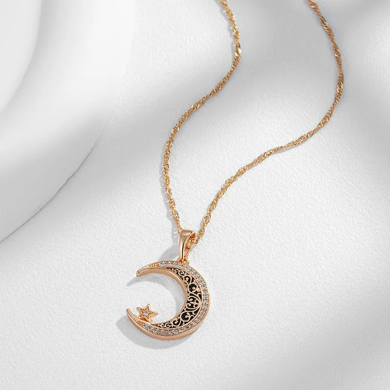 Rose gold star and moon necklace with enamel zircon pendant on a water wave chain