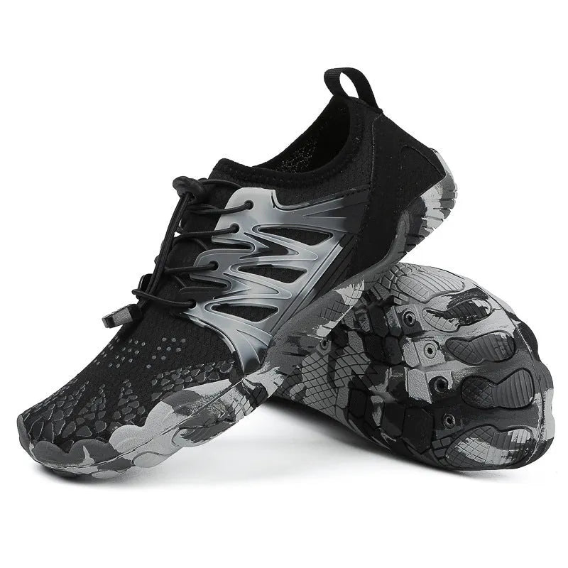 Men's and women's quick-drying lace-up beach shoes in blue with mesh upper and textured rubber sole.