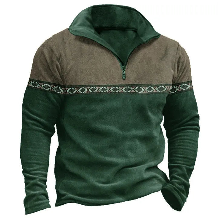 Retro patchwork zip-front polo shirt sweater in cotton blend fabric