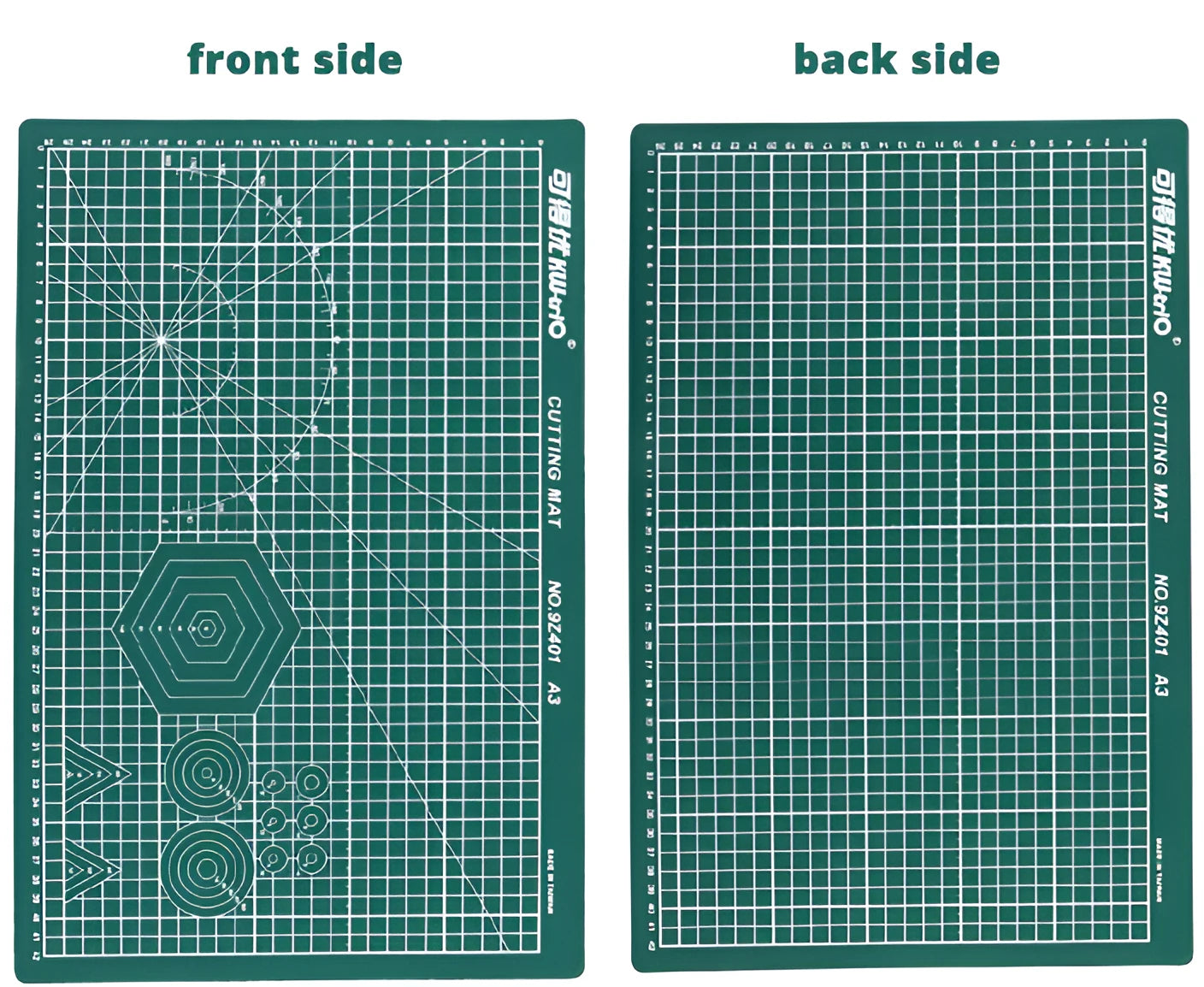 Green A3 self-healing cutting mat with centimetre grid lines on a wooden desk.