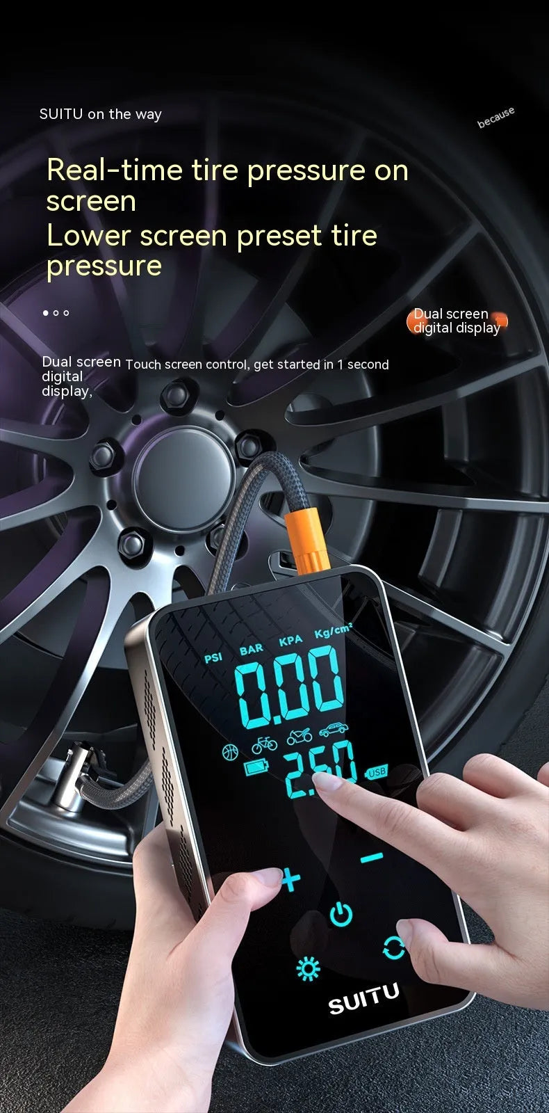 Compact black wireless car tyre inflator pump with digital LCD screen on a blue cloth bag.