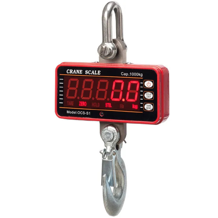 Orange electronic crane scale with digital display showing weight measurement for logistics applications