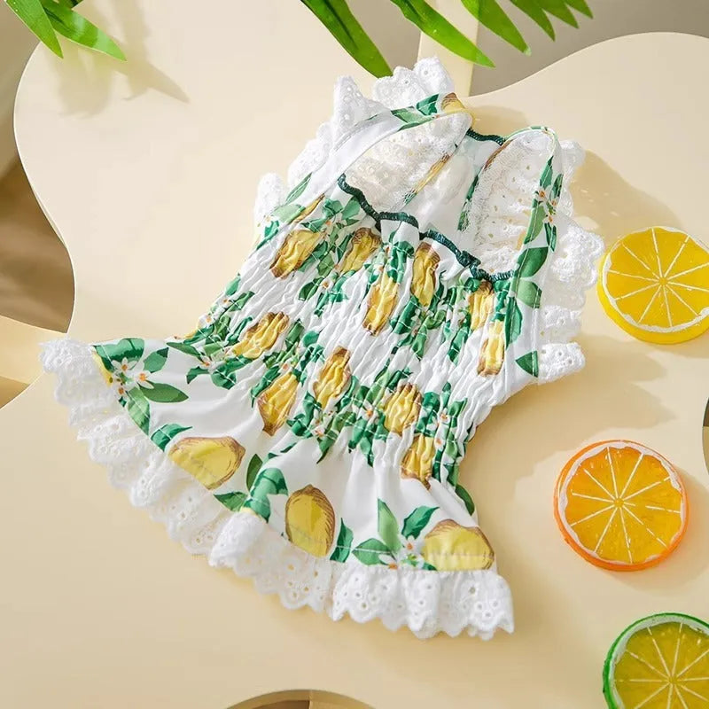 Rock yellow lemon polyester dog dress with adjustable strap skirt on small dog