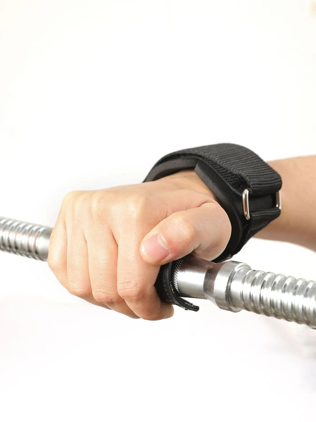Black rubber non-slip weightlifting palm protectors with an assist belt for rock climbing.