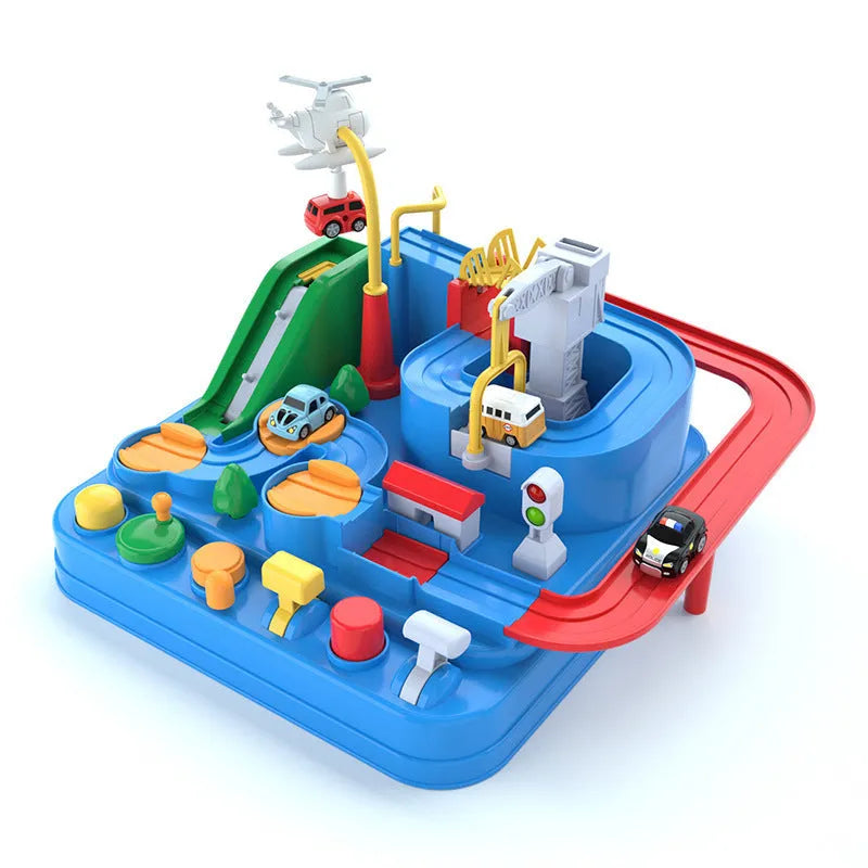Toy car track set with parking lot adventure layout and multiple colour trolley options