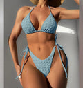 Women's khaki high waist bikini swimsuit with lace-up side detail