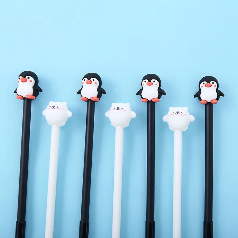 Korean cartoon penguin design gel pen with silicone grip in black or blue, showing 0.5mm tip.