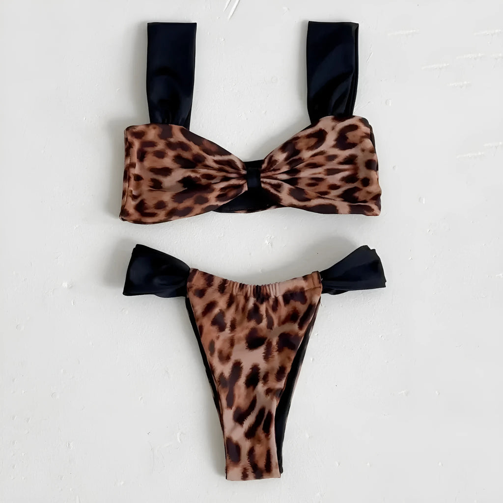 Women's leopard print bikini set with black split tube top and matching bottoms