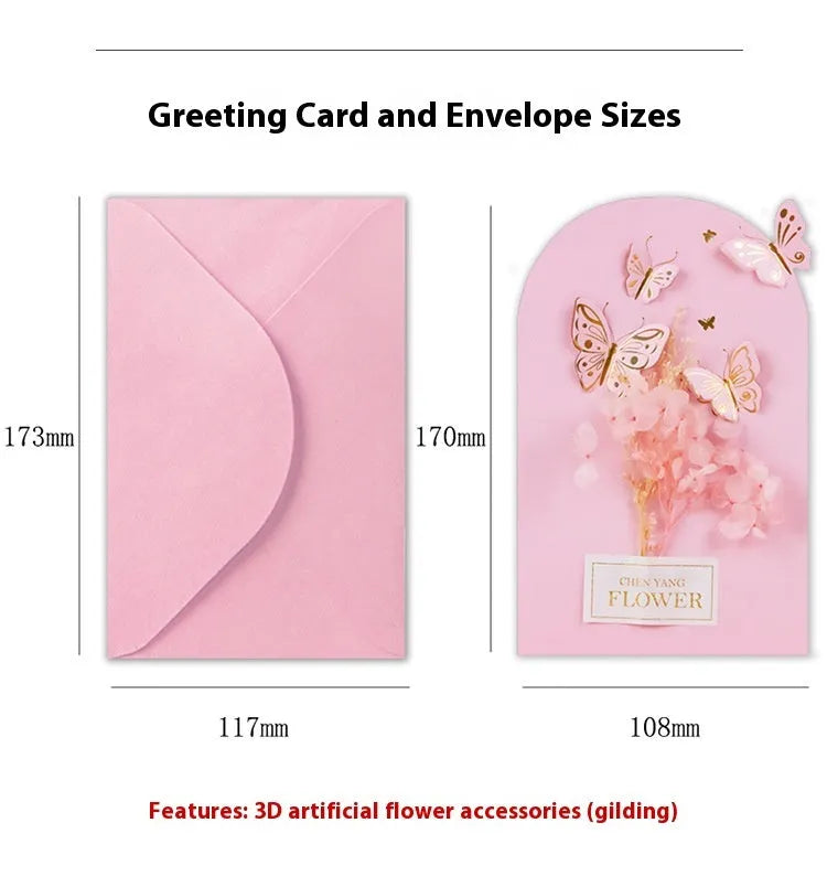 Handmade 3D butterfly greeting card showing stand-up design with artificial flowers on coated paper