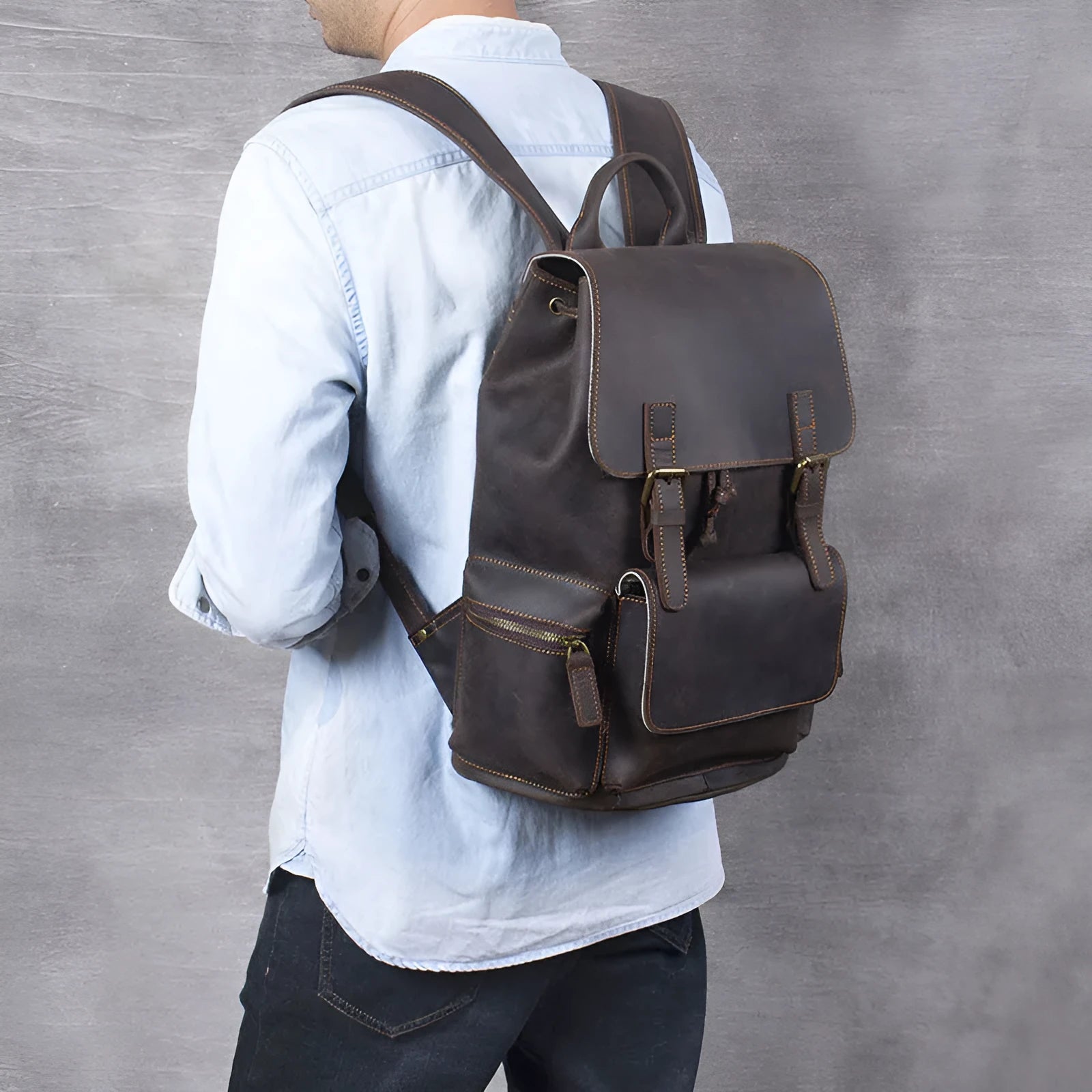 Brown Retro Crazy Horse genuine leather backpack with double straps and soft handle