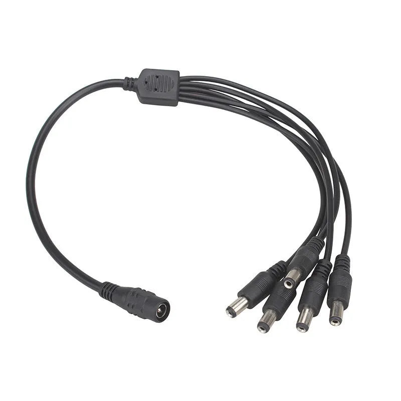 Black DC monitoring power cord with one input and four output connectors for CCTV cameras