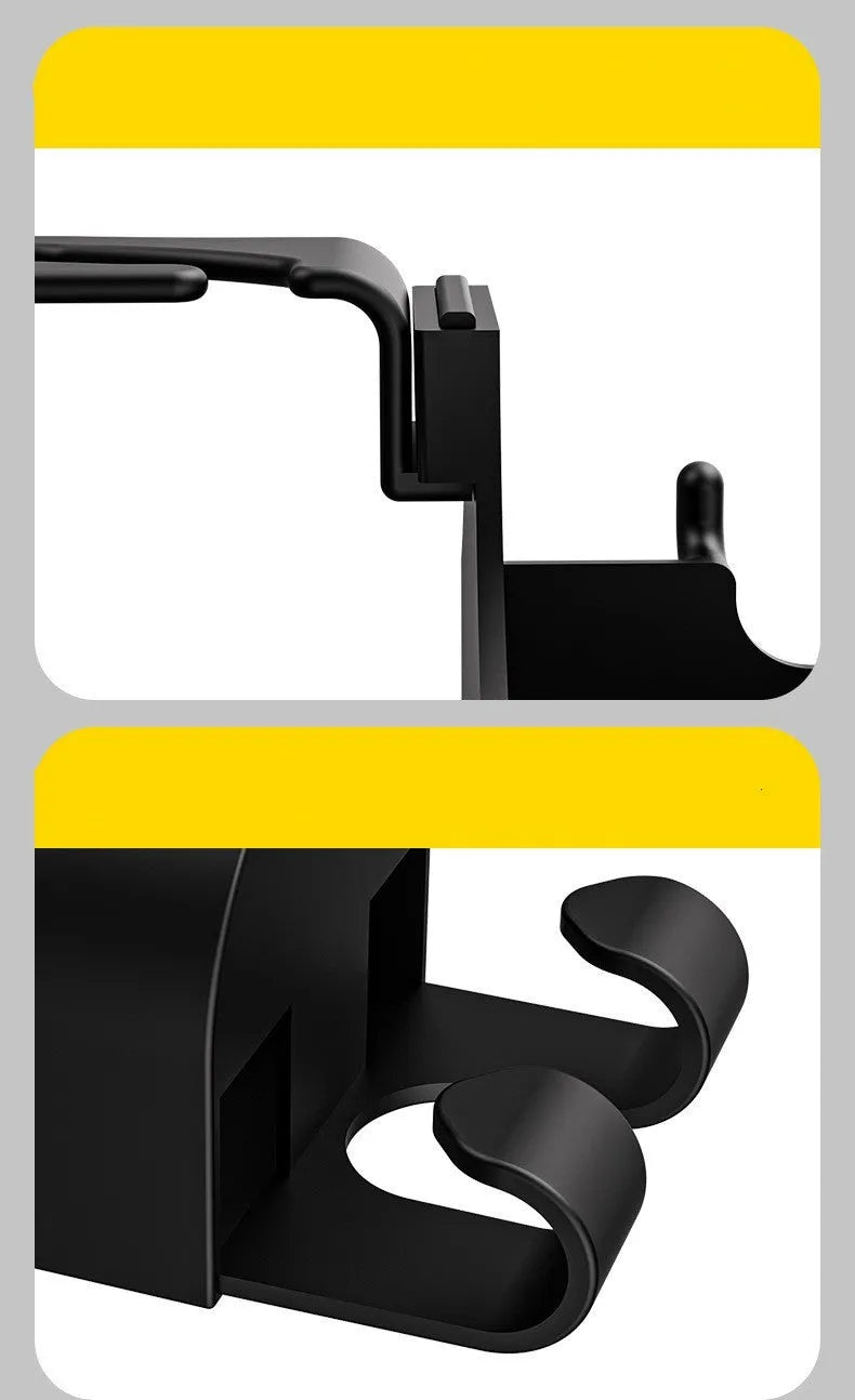 Black plastic car seat back organiser with cup holder and hook.