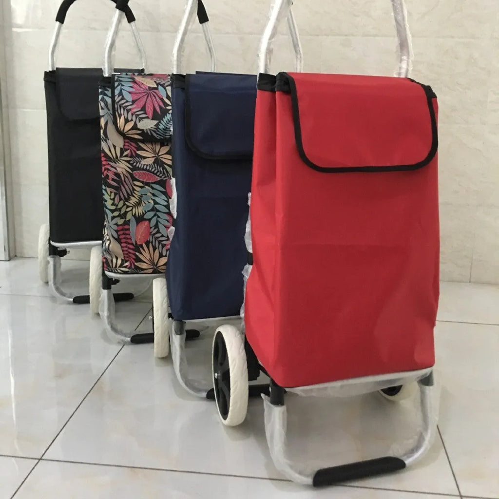 Aluminium alloy folding shopping cart pull rod trolley in black or cyan with white ring bull wheel