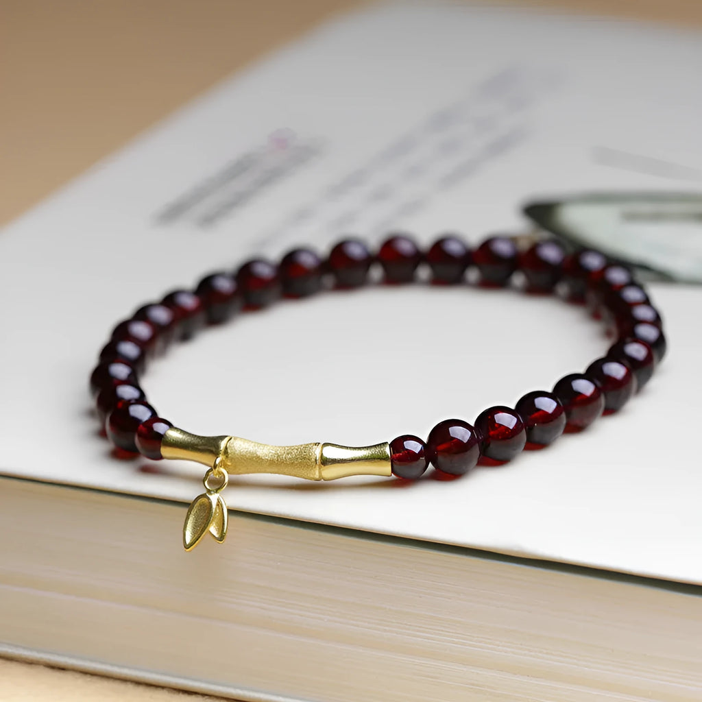 Natural garnet bamboo joint single ring bracelet with 6mm diameter in copper or silver finish