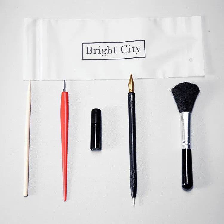 Scratch repair tool set with scraper pen, brush, repair solution, small scraper, and bamboo stick for surface restoration