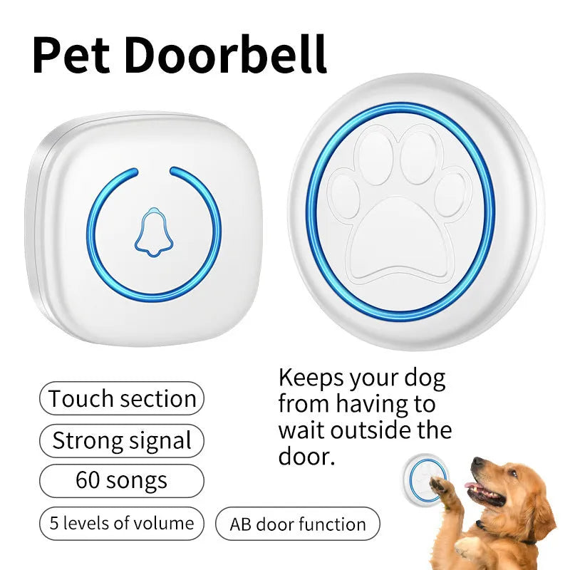 Black and white waterproof pet touch doorbell for dog training with wireless receiver.