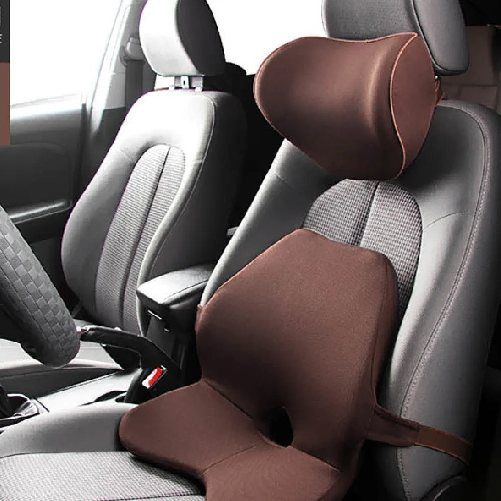 Car waist support cushion with memory cotton filling in beige colour on car seat