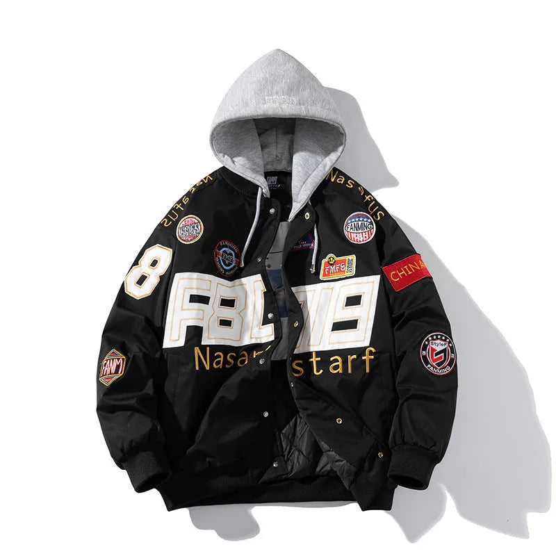 Autumn winter motorcycle baseball uniform jacket in black, red, or blue with detachable hood and side seam pockets