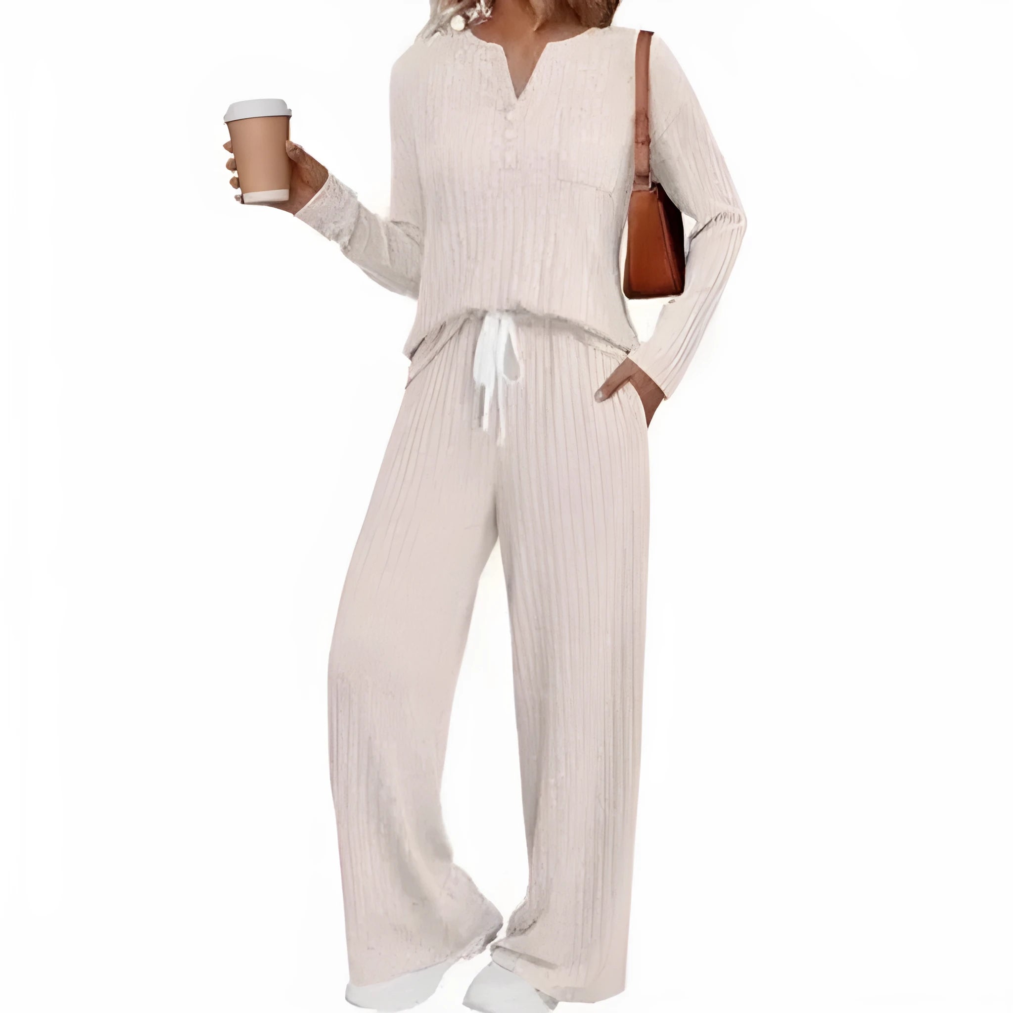 Women's knitted V-neck long coat with striped pattern and matching trousers in apricot colour