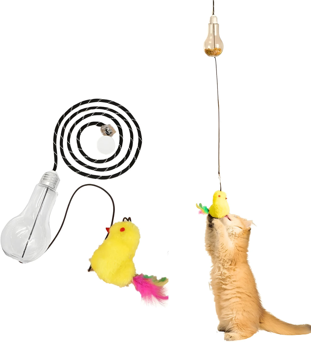 Interactive hanging cat toy with retractable elastic rope and treat reward bulb mounted on door frame