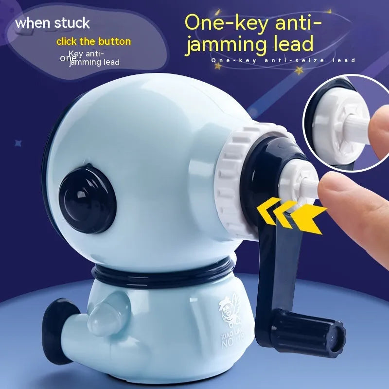 Astronaut-themed manual pencil sharpener in blue or pink with adjustable sharpening settings