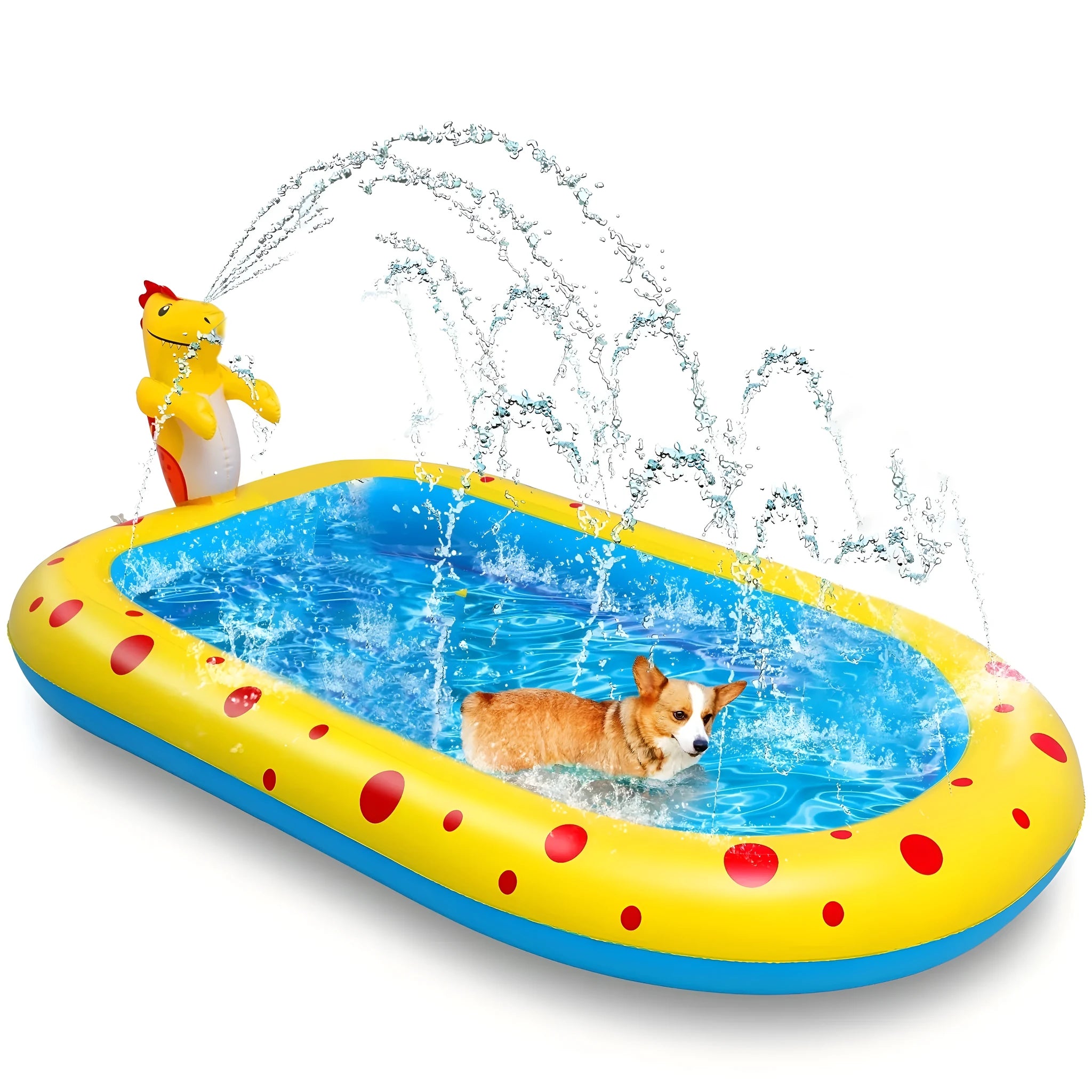 Blue dinosaur-themed inflatable water spray pool for kids in a garden