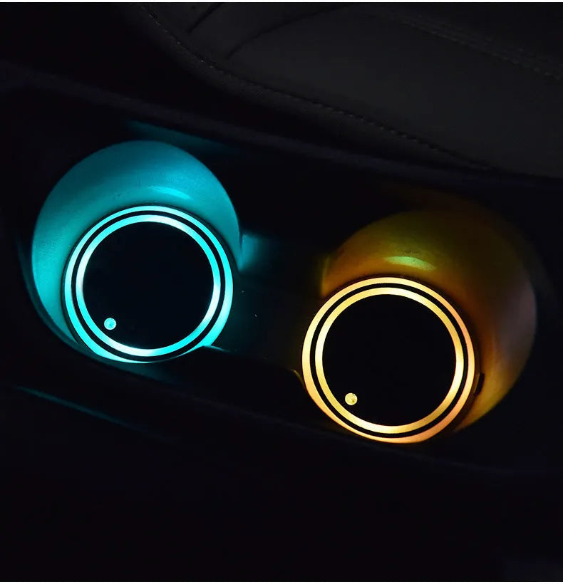 LED light-up car coaster showing 68mm diameter, seven colour options, and USB charging cable