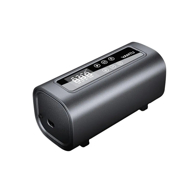 Electric high-pressure tyre inflator pump with digital display, long black hose, and tyre pressure gauge on a grey background